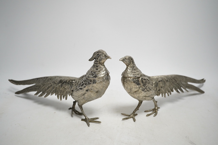 A pair of Pheasants (Gucci) and a small quantity of mixed plated wares, pheasant 29cm long. Condition - good